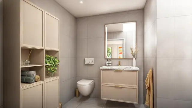 To svært delikate bad i 2. etg - Hovedbadet blir levert med  60x60 fliser på gulv og 60x120 på vegger, i dusjsonen vil det være 5x5 mosaikkfliser.