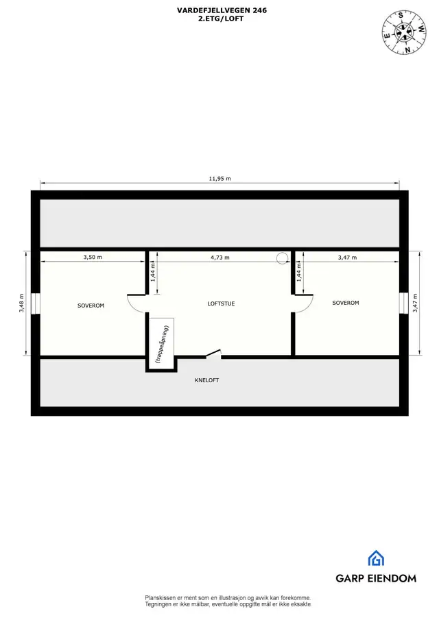 Planløsning 2. etasje - Herlig hems på 42kvm gulvareal innredet som to soverom og loftstue.