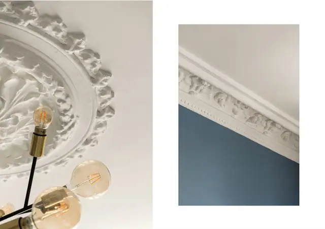 Flotte detaljer som rosett og stukkatur.