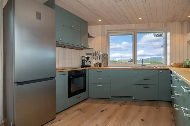 Kjøkkeninnredning med integrert stekeovn, platetopp og oppvaskmaskin. Nydelig utsyn over fjellheimen.